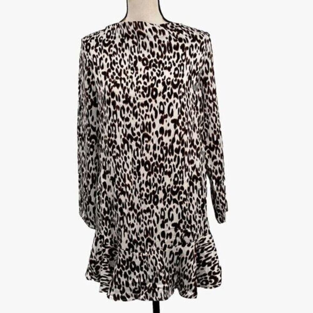 Adrienne Leopard Print Long Sleeve Ruffle Hem Shift Mini Dress Size S